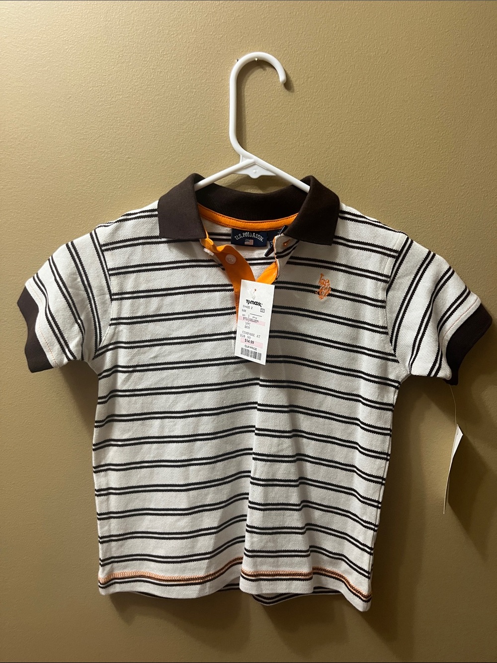 U.S. Polo Assn. White Striped Polo with Brown Collar and Orange Trim